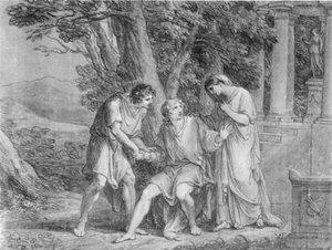 Acto tres, escena tres de Ifigenia en Táuride de Goethe. Dibujo. Estreno de la versión final de la obra en Weimar en 1802. Goethe, interpretando a Orestes, sentado en el centro de Angelica Kauffmann